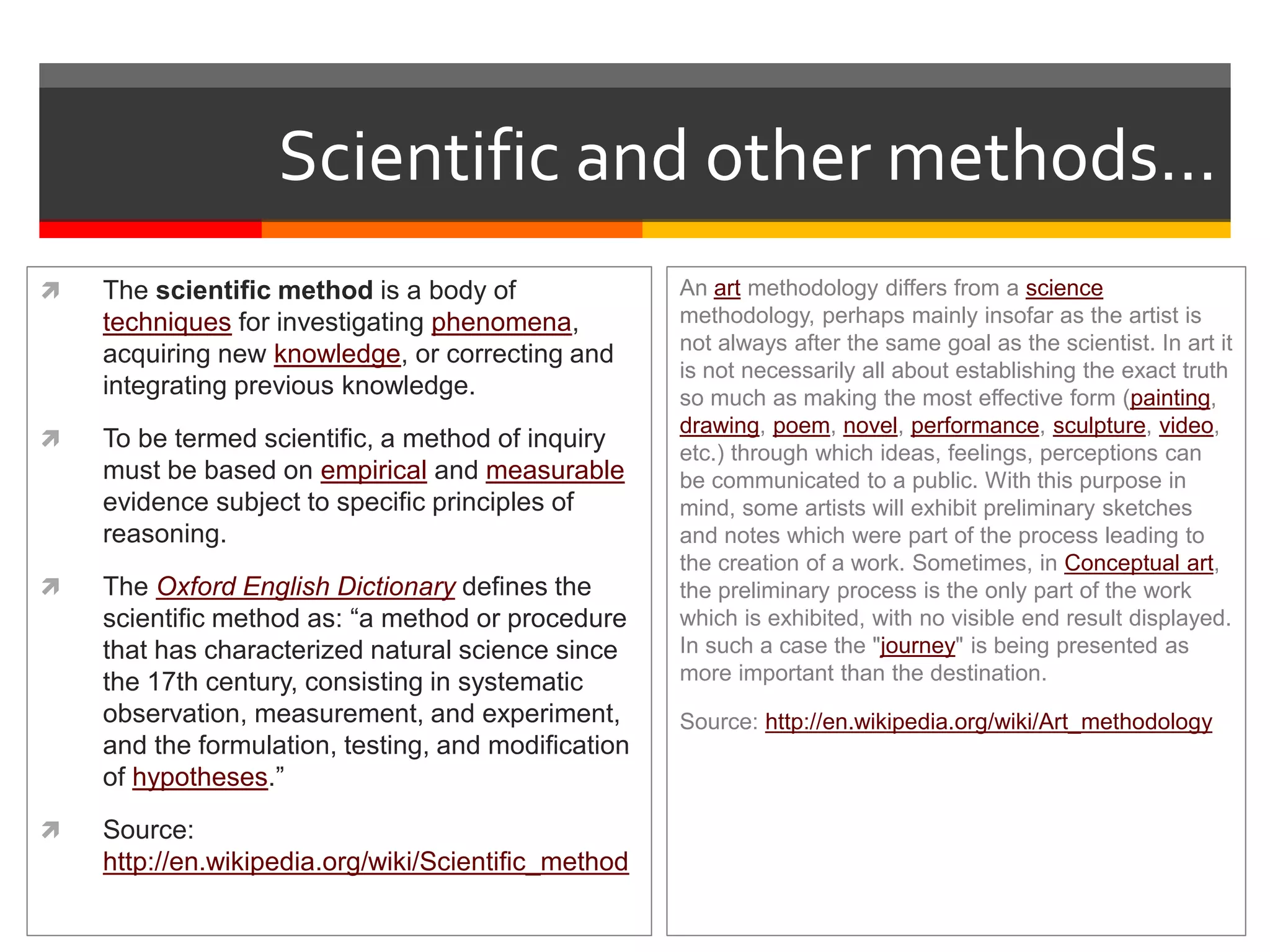 Scientific and other methods…
 The scientific method is a body of
techniques for investigating phenomena,
acquiring new knowledge, or correcting and
integrating previous knowledge.
 To be termed scientific, a method of inquiry
must be based on empirical and measurable
evidence subject to specific principles of
reasoning.
 The Oxford English Dictionary defines the
scientific method as: “a method or procedure
that has characterized natural science since
the 17th century, consisting in systematic
observation, measurement, and experiment,
and the formulation, testing, and modification
of hypotheses.”
 Source:
http://en.wikipedia.org/wiki/Scientific_method
An art methodology differs from a science
methodology, perhaps mainly insofar as the artist is
not always after the same goal as the scientist. In art it
is not necessarily all about establishing the exact truth
so much as making the most effective form (painting,
drawing, poem, novel, performance, sculpture, video,
etc.) through which ideas, feelings, perceptions can
be communicated to a public. With this purpose in
mind, some artists will exhibit preliminary sketches
and notes which were part of the process leading to
the creation of a work. Sometimes, in Conceptual art,
the preliminary process is the only part of the work
which is exhibited, with no visible end result displayed.
In such a case the "journey" is being presented as
more important than the destination.
Source: http://en.wikipedia.org/wiki/Art_methodology
 