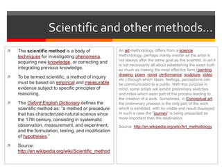 Scientific and other methods…
 The scientific method is a body of
techniques for investigating phenomena,
acquiring new knowledge, or correcting and
integrating previous knowledge.
 To be termed scientific, a method of inquiry
must be based on empirical and measurable
evidence subject to specific principles of
reasoning.
 The Oxford English Dictionary defines the
scientific method as: “a method or procedure
that has characterized natural science since
the 17th century, consisting in systematic
observation, measurement, and experiment,
and the formulation, testing, and modification
of hypotheses.”
 Source:
http://en.wikipedia.org/wiki/Scientific_method
An art methodology differs from a science
methodology, perhaps mainly insofar as the artist is
not always after the same goal as the scientist. In art it
is not necessarily all about establishing the exact truth
so much as making the most effective form (painting,
drawing, poem, novel, performance, sculpture, video,
etc.) through which ideas, feelings, perceptions can
be communicated to a public. With this purpose in
mind, some artists will exhibit preliminary sketches
and notes which were part of the process leading to
the creation of a work. Sometimes, in Conceptual art,
the preliminary process is the only part of the work
which is exhibited, with no visible end result displayed.
In such a case the "journey" is being presented as
more important than the destination.
Source: http://en.wikipedia.org/wiki/Art_methodology
 