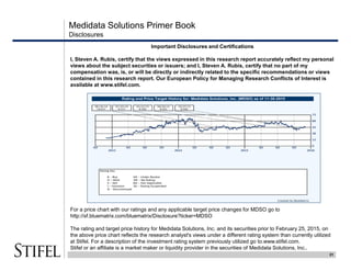 Medidata Solutions Primer Book
21
Disclosures
Important Disclosures and Certifications
I, Steven A. Rubis, certify that the views expressed in this research report accurately reflect my personal
views about the subject securities or issuers; and I, Steven A. Rubis, certify that no part of my
compensation was, is, or will be directly or indirectly related to the specific recommendations or views
contained in this research report. Our European Policy for Managing Research Conflicts of Interest is
available at www.stifel.com.
For a price chart with our ratings and any applicable target price changes for MDSO go to
http://sf.bluematrix.com/bluematrix/Disclosure?ticker=MDSO
The rating and target price history for Medidata Solutions, Inc. and its securities prior to February 25, 2015, on
the above price chart reflects the research analyst's views under a different rating system than currently utilized
at Stifel. For a description of the investment rating system previously utilized go to.www.stifel.com.
Stifel or an affiliate is a market maker or liquidity provider in the securities of Medidata Solutions, Inc..
 
