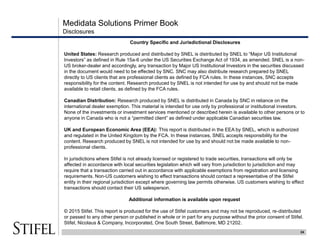Medidata Solutions Primer Book
24
Disclosures
Country Specific and Jurisdictional Disclosures
United States: Research produced and distributed by SNEL is distributed by SNEL to “Major US Institutional
Investors” as defined in Rule 15a-6 under the US Securities Exchange Act of 1934, as amended. SNEL is a non-
US broker-dealer and accordingly, any transaction by Major US Institutional Investors in the securities discussed
in the document would need to be effected by SNC. SNC may also distribute research prepared by SNEL
directly to US clients that are professional clients as defined by FCA rules. In these instances, SNC accepts
responsibility for the content. Research produced by SNEL is not intended for use by and should not be made
available to retail clients, as defined by the FCA rules.
Canadian Distribution: Research produced by SNEL is distributed in Canada by SNC in reliance on the
international dealer exemption. This material is intended for use only by professional or institutional investors.
None of the investments or investment services mentioned or described herein is available to other persons or to
anyone in Canada who is not a “permitted client” as defined under applicable Canadian securities law.
UK and European Economic Area (EEA): This report is distributed in the EEA by SNEL, which is authorized
and regulated in the United Kingdom by the FCA. In these instances, SNEL accepts responsibility for the
content. Research produced by SNEL is not intended for use by and should not be made available to non-
professional clients.
In jurisdictions where Stifel is not already licensed or registered to trade securities, transactions will only be
affected in accordance with local securities legislation which will vary from jurisdiction to jurisdiction and may
require that a transaction carried out in accordance with applicable exemptions from registration and licensing
requirements. Non-US customers wishing to effect transactions should contact a representative of the Stifel
entity in their regional jurisdiction except where governing law permits otherwise. US customers wishing to effect
transactions should contact their US salesperson.
Additional information is available upon request
© 2015 Stifel. This report is produced for the use of Stifel customers and may not be reproduced, re-distributed
or passed to any other person or published in whole or in part for any purpose without the prior consent of Stifel.
Stifel, Nicolaus & Company, Incorporated, One South Street, Baltimore, MD 21202.
 