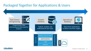 10© Cloudera, Inc. All rights reserved.
Packaged Together for Applications & Users
Programmatic data
processing and data pipeline
creation.
Data Science
& Engineering
Explore, analyze, and
understand all your data.
Analytic
Database
Data-driven applications
to deliver real-time insights.
Operational
Database
 
