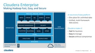 16© Cloudera, Inc. All rights reserved.
Cloudera Enterprise
Making Hadoop Fast, Easy, and Secure
A new kind of data platform
• One place for unlimited data
• Unified, multi-framework
data access
Cloudera makes it
• Fast for business
• Easy to manage
• Secure without compromise
Public Cloud
Private Cloud
Hybrid Environments
Hybrid Deployment
Flexibility
OPERATIONS
DATA
MANAGEMENT
STRUCTURED UNSTRUCTURED
PROCESS, ANALYZE, SERVE
UNIFIED SERVICES
RESOURCE MANAGEMENT SECURITY
NoSQL
STORE
INTEGRATE
BATCH STREAM SQL SEARCH OTHER
OTHERFILESYSTEM RELATIONAL
 