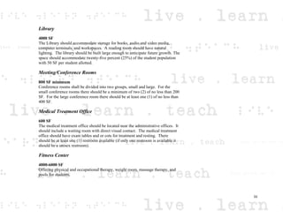 Library
4000 SF
The Library should accommodate storage for books, audio and video media,
computer terminals, and workspaces. A reading room should have natural
lighting. The library should be built large enough to anticipate future growth. The
space should accommodate twenty-five percent (25%) of the student population
with 50 SF per student allotted.
Meeting/Conference Rooms
800 SF minimum
Conference rooms shall be divided into two groups, small and large. For the
small conference rooms there should be a minimum of two (2) of no less than 200
SF. For the large conference room there should be at least one (1) of no less than
400 SF.
Medical Treatment Office
600 SF
The medical treatment office should be located near the administrative offices. It
should include a waiting room with direct visual contact. The medical treatment
office should have exam tables and or cots for treatment and resting. There
should be at least one (1) restroom available (if only one restroom is available it
should be a unisex restroom).
Fitness Center
4000-6000 SF
Offering physical and occupational therapy, weight room, massage therapy, and
pools for students.
33
 