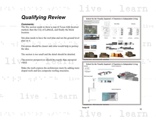 Qualifying Review
Comments:
The Site section needs to show a map of Texas with location
marked, then the City of Lubbock, and finally the block
location.
Site plan needs to have the roof plan and not the ground level
plan on it.
Elevations should be clearer and color would help to portray
the idea.
The section is too small and the detail should be detailed.
The exterior perspectives should be exactly that, not aerial
views.
Make the roofs express the architecture more by adding more
sloped roofs and less composite roofing structures.
Image 45
55
 