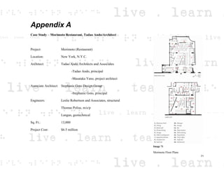 Appendix A
Case Study – Morimoto Restaurant, Tadao Ando/Architect
Project: Morimoto (Restaurant)
Location: New York, N.Y.C.
Architect: Tadao Ando Architects and Associates
-Tadao Ando, principal
-Masataka Yano, project architect
Associate Architect: Stephanie Goto Design Group
-Stephanie Goto, principal
Engineers: Leslie Robertson and Associates, structural
Thomas Polise, m/e/p
Langan, geotechnical
Sq. Ft.: 13,000
Project Cost: $6.5 million
Image 71
Morimoto Floor Plans
71
 