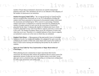 number of hours that an institution's classrooms are used for instructional
purposes each week. This calculation can serve as an indicator of the adequacy of
the number of classrooms at an institution.
Student Occupancy Ratio (65%) – the average percentage of student stations
that are occupied when classrooms are in use. It is calculated by dividing the
student clock hours generated in classrooms by the potential student clock hours
for classrooms and multiplying by 100 to convert to a percentage. Potential
student clock hours is computed on a room-by-room basis by multiplying the
number of student stations in each room by the room hours of instruction
generated by the room. It indicates the number of student clock hours which
would be generated if every room were filled to capacity each time a course met
in the room. The Student Occupancy Ratio access the utilization of rooms only
when they are in use. Therefore, it is a helpful indicator of how close to capacity
an institution's courses are to the room in which they are scheduled.
Student Clock Hours – a measurement of the total weekly hours of scheduled
instruction for all of an institution's students. It is computed for each course by
multiplying the number of times the course meets each week by the number of
hours of each course meeting and multiplying that product by the number of
students.
Space per Seat Table for New Construction or Major Renovations of
Classrooms:
When planning for new construction or major renovations that involve
classrooms, the following table outlines the guidelines that are used to ensure the
appropriate amount of space per seat or per student station is provided. Actual
space per seat in a classroom may vary depending on existing room configuration
as well as type of furniture and seating used.
79
 
