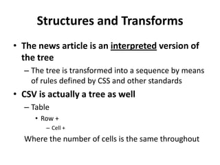 Structures and TransformsThe news article is an interpreted version of the treeThe tree is transformed into a sequence by means of rules defined by CSS and other standardsCSV is actually a tree as wellTableRow +Cell +Where the number of cells is the same throughout