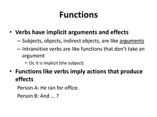 FunctionsVerbs have implicit arguments and effectsSubjects, objects, indirect objects, are like argumentsIntransitive verbs are like functions that don’t take an argumentOr, it is implicit (the subject)Functions like verbs imply actions that produce effectsPerson A: He ran for office.Person B: And ... ?