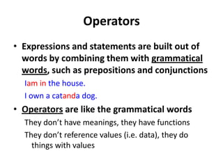 OperatorsExpressions and statements are built out of words by combining them with grammatical words, such as prepositions and conjunctionsIam in the house.I own a catanda dog.Operators are like the grammatical wordsThey don’t have meanings, they have functionsThey don’t reference values (i.e. data), they do things with values