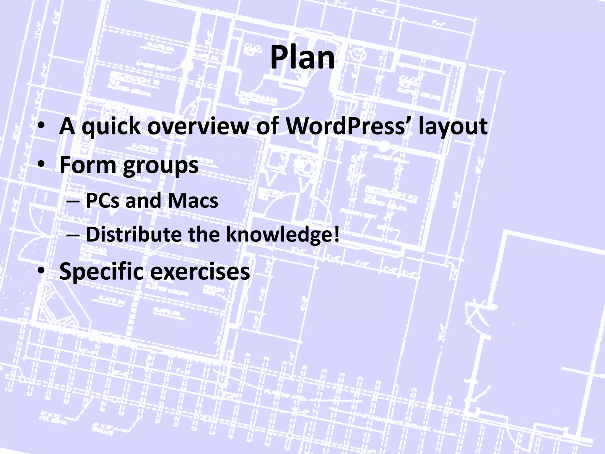 PlanA quick overview of WordPress’ layoutForm groupsPCs and MacsDistribute the knowledge!Specific exercises