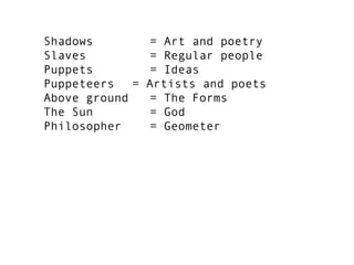 Shadows = Art and poetry
Slaves = Regular people
Puppets = Ideas
Puppeteers = Artists and poets
Above ground = The Forms
The Sun = God
Philosopher = Geometer
 