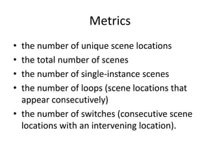 Metrics
• the number of unique scene locations
• the total number of scenes
• the number of single-instance scenes
• the number of loops (scene locations that
appear consecutively)
• the number of switches (consecutive scene
locations with an intervening location).
 
