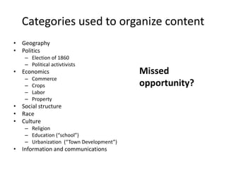 Categories used to organize content
• Geography
• Politics
– Election of 1860
– Political activtivists
• Economics
– Commerce
– Crops
– Labor
– Property
• Social structure
• Race
• Culture
– Religion
– Education (“school”)
– Urbanization (“Town Development”)
• Information and communications
Missed
opportunity?
 