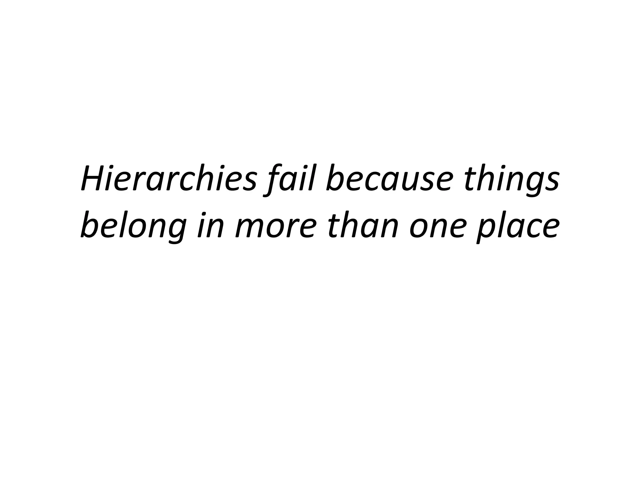 Hierarchies fail because things
belong in more than one place
 