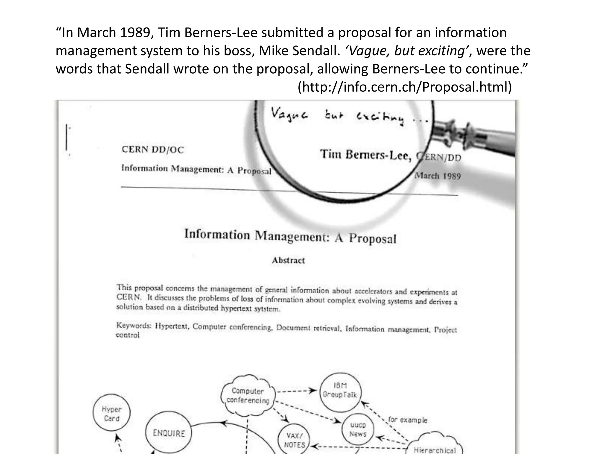 “In March 1989, Tim Berners-Lee submitted a proposal for an information
management system to his boss, Mike Sendall. ‘Vague, but exciting’, were the
words that Sendall wrote on the proposal, allowing Berners-Lee to continue.”
                                      (http://info.cern.ch/Proposal.html)




                          [CERN doc]
 