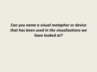 Can you name a visual metaphor or device
that has been used in the visualizations we
             have looked at?
 
