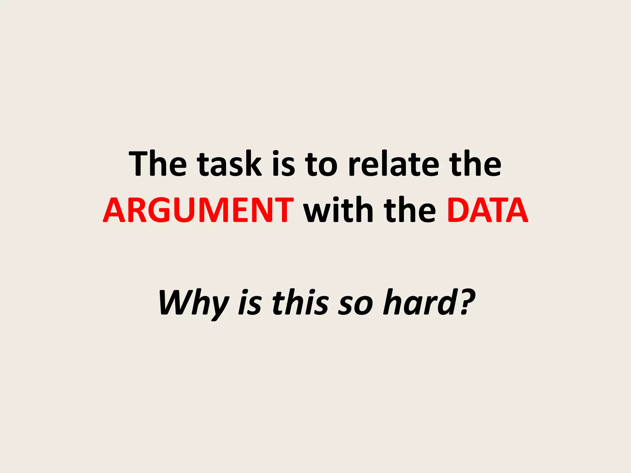 The task is to relate the
ARGUMENT with the DATA

   Why is this so hard?
 