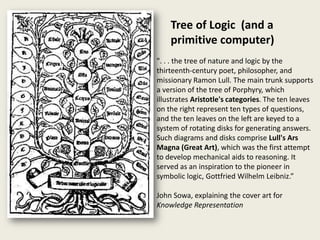 Tree of Logic (and a
    primitive computer)
". . . the tree of nature and logic by the
thirteenth-century poet, philosopher, and
missionary Ramon Lull. The main trunk supports
a version of the tree of Porphyry, which
illustrates Aristotle's categories. The ten leaves
on the right represent ten types of questions,
and the ten leaves on the left are keyed to a
system of rotating disks for generating answers.
Such diagrams and disks comprise Lull's Ars
Magna (Great Art), which was the first attempt
to develop mechanical aids to reasoning. It
served as an inspiration to the pioneer in
symbolic logic, Gottfried Wilhelm Leibniz.”

John Sowa, explaining the cover art for
Knowledge Representation
 
