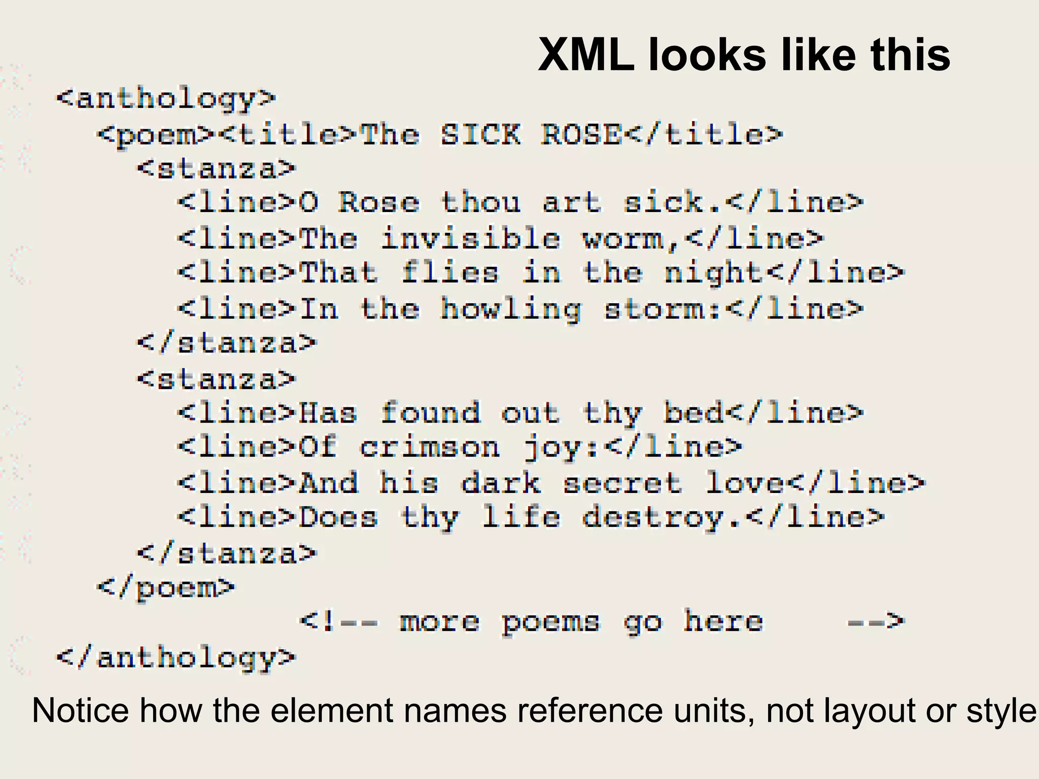 XML looks like this




Notice how the element names reference units, not layout or style
 