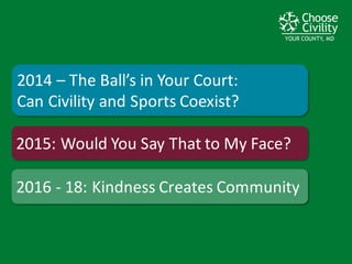 YOUR COUNTY, MDYOUR COUNTY, MDYOUR COUNTY, MD
2014	
  – The	
  Ball’s	
  in	
  Your	
  Court:	
  
Can	
  Civility	
  and	
  Sports	
  Coexist?
2015:	
  Would	
  You	
  Say	
  That	
  to	
  My	
  Face?
2016	
  -­‐ 18:	
  Kindness	
  Creates	
  Community
 