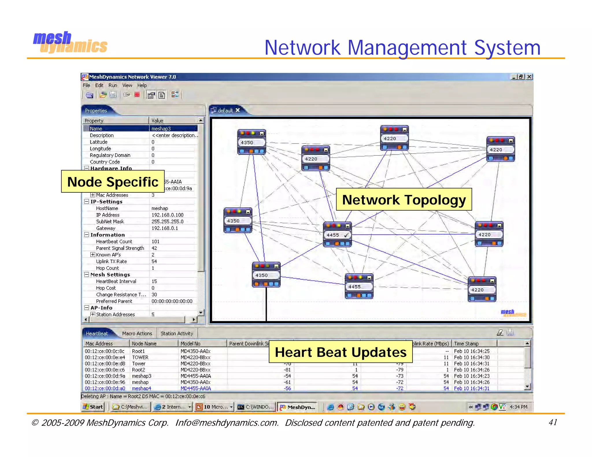 Network Management System




        Node Specific
                                                                      Network Topology




                                                       Heart Beat Updates




© 2005-2009 MeshDynamics Corp. Info@meshdynamics.com. Disclosed content patented and patent pending.   41
 