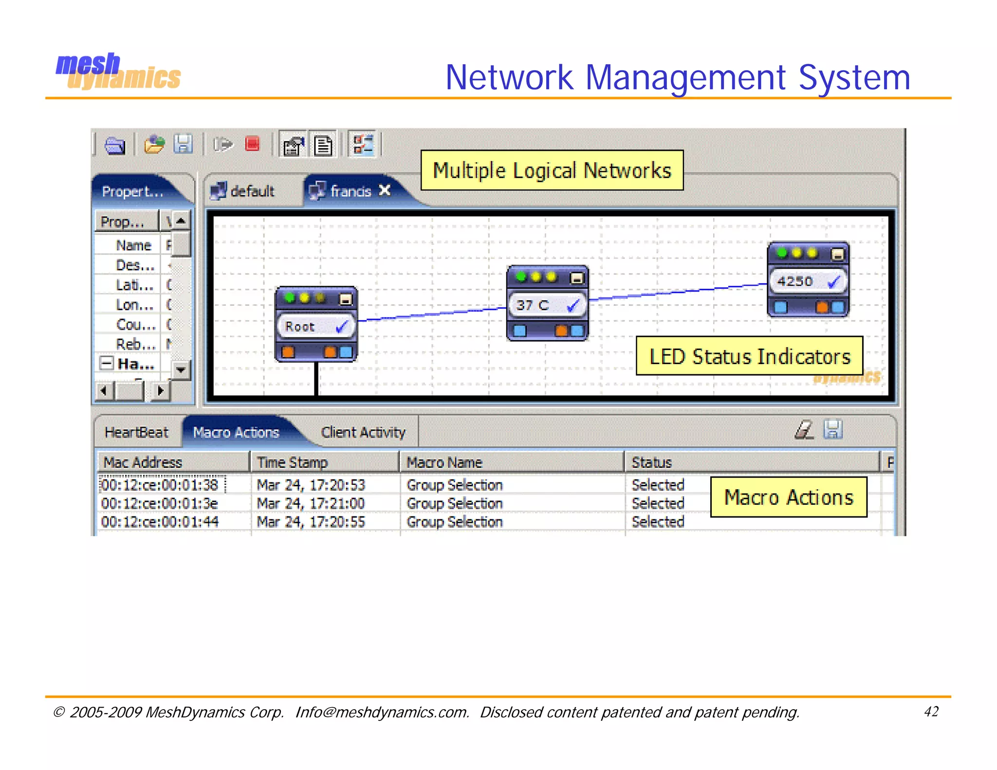Network Management System




© 2005-2009 MeshDynamics Corp. Info@meshdynamics.com. Disclosed content patented and patent pending.   42
 