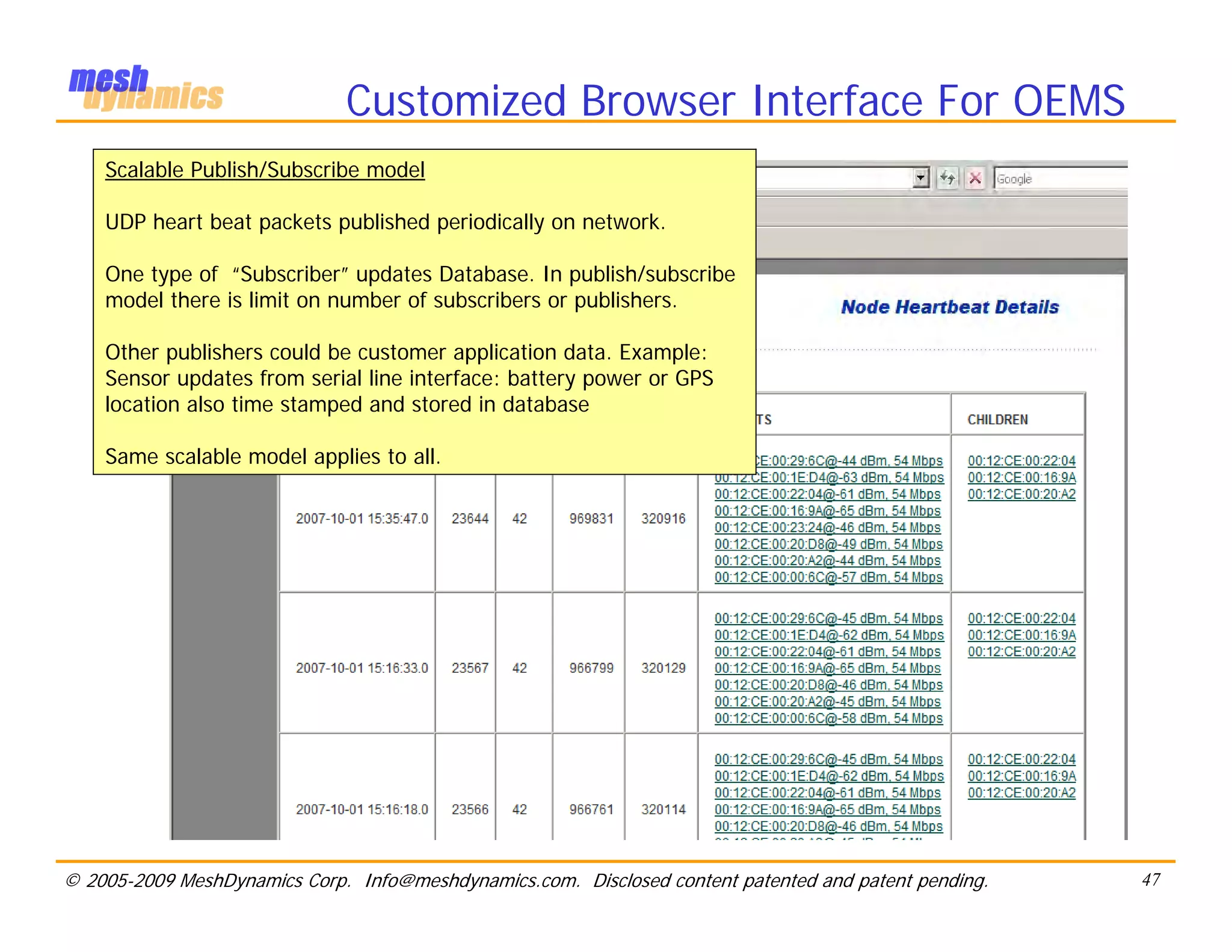 Customized Browser Interface For OEMS
    Scalable Publish/Subscribe model

    UDP heart beat packets published periodically on network.

    One type of “Subscriber” updates Database. In publish/subscribe
    model there is limit on number of subscribers or publishers.

    Other publishers could be customer application data. Example:
    Sensor updates from serial line interface: battery power or GPS
    location also time stamped and stored in database

    Same scalable model applies to all.




© 2005-2009 MeshDynamics Corp. Info@meshdynamics.com. Disclosed content patented and patent pending.   47
 