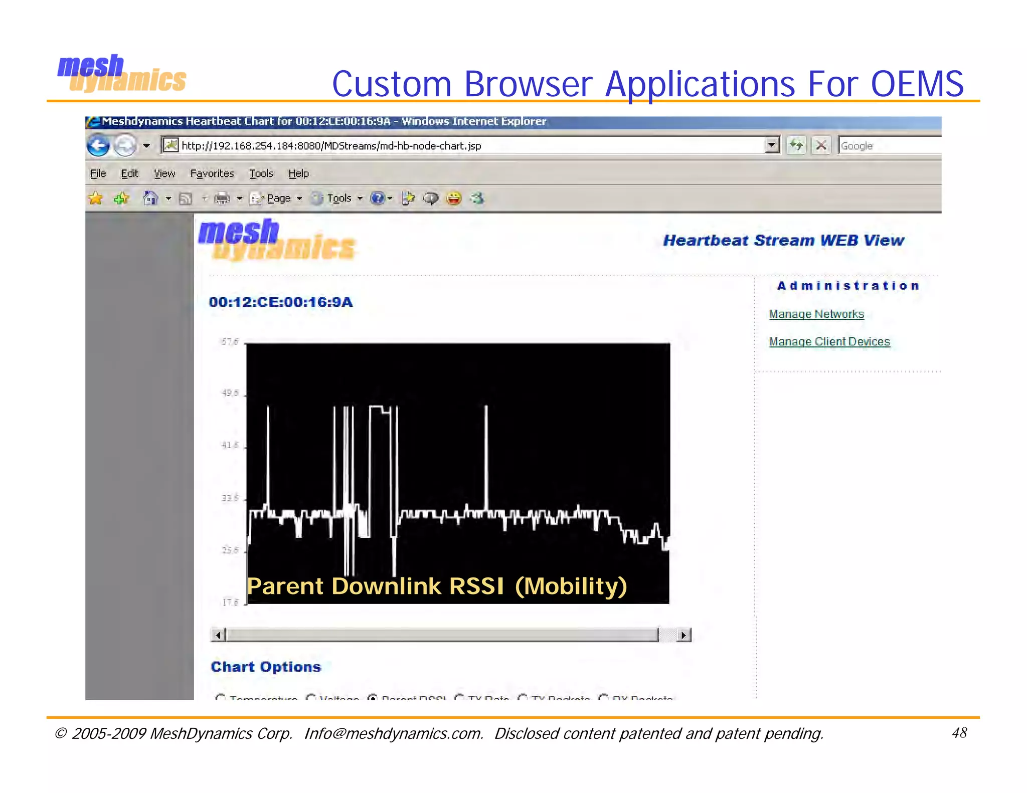 Custom Browser Applications For OEMS




                         Parent Downlink RSSI (Mobility)




© 2005-2009 MeshDynamics Corp. Info@meshdynamics.com. Disclosed content patented and patent pending.   48
 