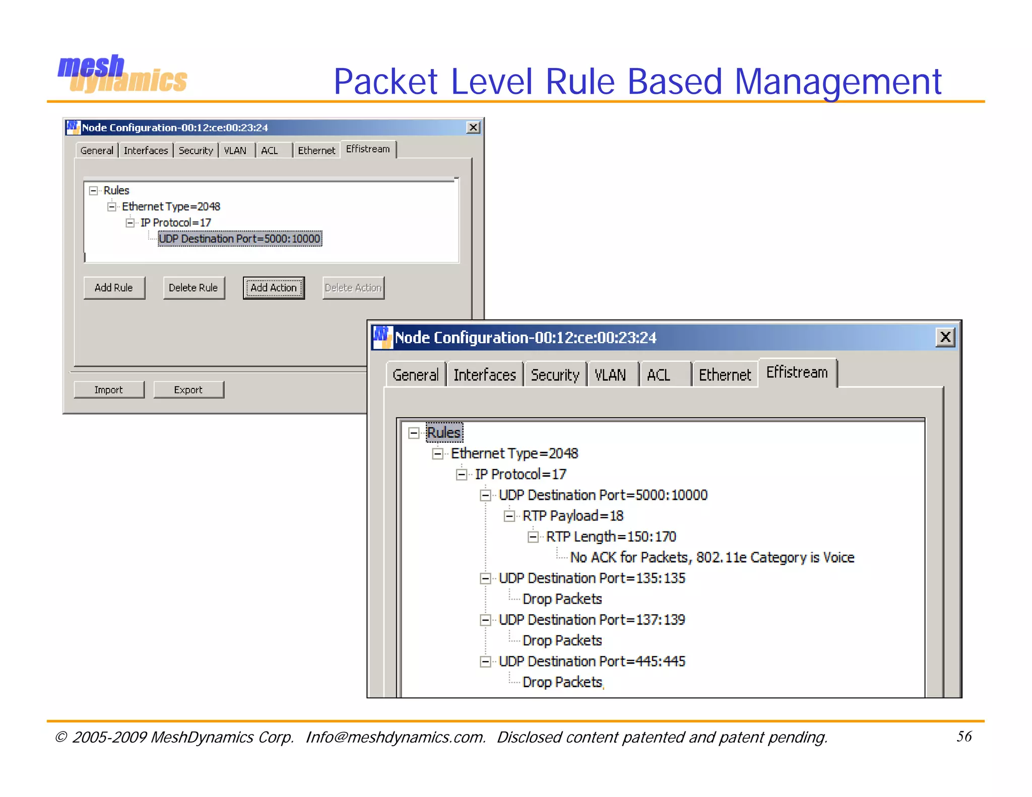 Packet Level Rule Based Management




© 2005-2009 MeshDynamics Corp. Info@meshdynamics.com. Disclosed content patented and patent pending.   56
 