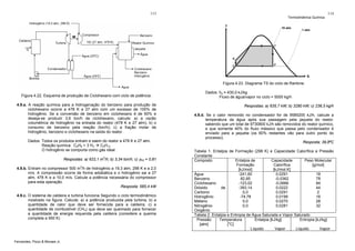 113

Termodinâmica Química

114

Figura 4.23. Diagrama TS do ciclo de Rankine.
Figura 4.22. Esquema de produção de Ciclohexano com ciclo de potência.
4.9.a. A reação química para a hidrogenação do benzeno para produção de
ciclohexano ocorre a 478 K e 27 atm com um excesso de 100% de
hidrogênio. Se a conversão de benzeno em ciclohexano é de 60% e
deseja-se produzir 3,6 ton/h de ciclohexano, calcule: a) a vazão
volumétrica de hidrogênio na entrada do reator (478 K e 27 atm); b) o
consumo de benzeno pela reação (ton/h); c) a fração molar de
hidrogênio, benzeno e ciclohexano na saída do reator.
Dados: Todos os produtos entram e saem do reator a 478 K e 27 atm.
Reação química: C6H6 + 3 H2
C6H12
O hidrogênio se comporta como gás ideal
Respostas: a) 622,1 m /h; b) 3,34 ton/h; c) φH2 = 0,81
3

4.9.b. Entram no compressor 500 m3/h de hidrogênio a 19,3 atm, 298 K e a 2,0
m/s. A compressão ocorre de forma adiabática e o hidrogênio sai a 27
atm, 478 K e a 10,0 m/s. Calcule a potência necessária do compressor
para esta operação.
Resposta: 585,4 kW
4.9.c. O sistema de caldeira e turbina funciona Segundo o ciclo termodinâmico
mostrado na figura. Calcule: a) a potência produzida pela turbina; b) a
quantidade de calor que deve ser fornecida para a caldeira; c) a
quantidade de combustível (CH4) que deve ser queimado para fornecer
a quantidade de energia requerida pela caldeira (considere a queima
completa a 950 K)

Fernandes, Pizzo & Moraes Jr.

Dados: h4 = 430,0 kJ/kg
Fluxo de água/vapor no ciclo = 5000 kg/h
Respostas: a) 635,7 kW; b) 3280 kW; c) 236,5 kg/h
4.9.d. Se o calor removido no condensador for de 9585200 kJ/h, calcule a
temperatura da água após sua passagem pela jaqueta do reator,
sabendo que um total de 9730800 kJ/h são removidos do reator químico,
e que somente 40% do fluxo mássico que passa pelo condensador é
enviado para a jaqueta (os 60% restantes vão para outro ponto do
processo).
Resposta: 39,8ºC
Tabela 1. Entalpia de Formação (298 K) e Capacidade Calorífica a Pressão
Constante
Composto
Entalpia de
Capacidade
Peso Molecular
Formação
Calorífica
[g/mol]
[kJ/mol]
[kJ/mol.K]
18
0,0291
-241,60
Água
78
-0,0362
82,85
Benzeno
84
-0,0666
-123,02
Ciclohexano
44
0,0222
-393,14
Dióxido
de
2
0,0291
0,0
Carbono
16
0,0199
-74,78
Hidrogênio
28
0,0270
0,0
Metano
32
0,0281
0,0
Nitrogênio
Oxigênio
Tabela 2. Entalpia e Entropia de Água Saturada e Vapor Saturado
Pressão
Temperatura
Entalpia [kJ/kg]
Entropia [kJ/kg]
o
[atm]
[ C]
Líquido
Vapor
Líquido
Vapor

 