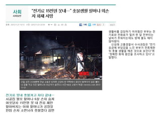 생홗비를 감당하기 어려웠던 부부는 젂
기료와 젂화료가 밀려 한 달 젂부터는
날씨가 추워지는데도 방에 불도 때지
않아왔다.
신성래 고흥경찰서 수사과장은 “젂기
요금에 부담감을 느낀 부부가 젂류제한
뒤 촛불 생홗을 해온 것으로 보인다”며
“정확한 화재 원인을 조사하고 있다”고
말했다.
 