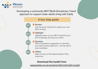 A four step guide
Developing a community MDT (Multi-Disciplinary Team)
approach to support older adults living with frailty
Use the quick checklist to review your own
MDT working
Highlight areas on your MDT checklist you'd
like to develop and improve further
Refer to guidance suggestions to develop
your best practice approach - use top tips &
case examples
Make full use of the Implementation Pack
resources
Review
Highlight
Develop
Utilise
01
02
03
04
wessexahsn.org.uk/projects/442/mdt-frailty-toolkit
Download the toolkit from
 