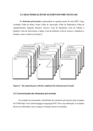 21

        2 CARACTERIZAÇÃO DE ELEMENTOS PRÉ-TEXTUAIS


        Os elementos pré-textuais compreendem as seguintes partes de uma MDT: Capa;
Lombada; Folha de Rosto; Errata; Folha de Aprovação; Folha de Dedicatória; Folha de
Agradecimentos, Epígrafe, Resumo, Abstract, Lista de Ilustrações; Lista de Tabelas e
Quadros; Lista de Abreviaturas e Siglas; Lista de Símbolos; Lista de Anexos e Apêndices e
Sumário, como se observa na Figura 2.




               DEDICATÓRIA (OPC.)              LISTA DE ILUSTRAÇÕES
                                               (OPC.)                               SUMÁRIO
            FOLHA DE APROVAÇÃO
                                            ABSTRACT                            LISTA DE ANEXOS E
          ERRATA (OPCIONAL)                                                     APÊNDICES (OPC.)
                                         RESUMO                              LISTA DE SÍMBOLOS (OPC.)
       FOLHA DE ROSTO
                                       EPÍGRAFE (OPCIONAL)                LISTA DE ABREVIATURAS E
   LOMBADA (OPCIONAL)
                                                                          SIGLAS (OPC.)
CAPA                                AGRADECIMENTOS (OPC)              LISTA DE TABELAS (OPC.)




Figura 2 – Da esquerda para a direita, seqüência dos elementos pré-textuais



2.1 Caracterização dos elementos pré-textuais


       Os exemplos da estruturação e distribuição dos elementos pré-textuais estão na página
da UFSM (http://www.ufsm.br/prpgp) na linguagem RTF. Para a sua elaboração, os exemplos
devem ser substituídos, mas os espaços e formatos devem ser mantidos.
 