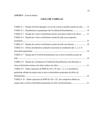 63

ANEXO F – Lista de tabelas
                                                   LISTA DE TABELAS


TABELA 1 – Reação de Pictet-Spengler via uso de a-cloro-a-metiltio acetato de etila ....... 12
TABELA 2 – Rendimentos na preparação das N-sulfonil-β-fenetilaminas........................... 18
TABELA 3 – Reação de a-cloro-a-fenilseleno ésteres com éteres enólicos de silício ......... 21
TABELA 4 – Reação de a-cloro-a-fenilseleno acetato de etila com compostos
aromáticos .............................................................................................................................. 23
TABELA 5 – Reação de a-cloro-a-fenilseleno acetato de etila com alcenos ........................ 30
TABELA 6 – Efeitos de diferentes condições reacionais no rendimento das 1, 2, 3, 4-
tetra-idroisoquinolinas ........................................................................................................... 34
TABELA 7 – Reação das N-Tosil-β-fenetilaminas com a-cloro-a-metiltio acetato de
etila ........................................................................................................................................ 39
TABELA 8 – Reação de 3,4-dimetoxi-N-sulfonil-β-fenetililamina com diferentes a-
cloro-a-fenilseleno ésteres com éteres eólicos de silício ....................................................... 41
TABELA 9 – Dados espectrais de RMN de 1H e 13C das 1, 2, 3, 4, tetraidroiso-
quinolinas obtidas da reação entre a-cloro-a-fenilselênio propionato de eltila e β-
fenetilaminas .......................................................................................................................... 45
TABELA 10 – Dados espectrais de RMN de 1H e 13C, dos compostos obtidos na
reação entre a-cloro-a-fenilselênio propionato de etila e β-fenetilaminas ............................ 61
 