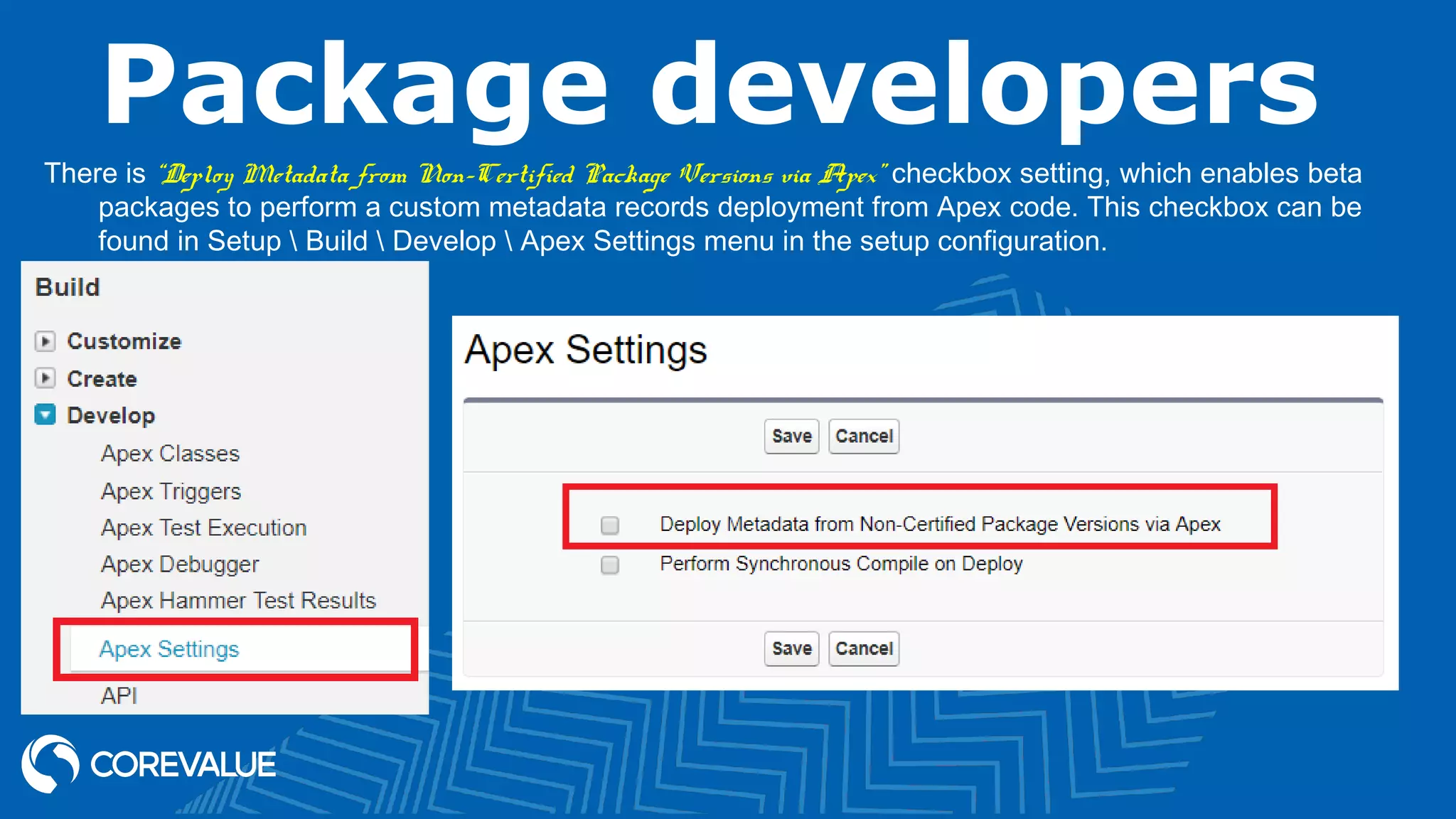 Package developers
There is “Deploy Metadata from Non-Certified Package Versions via Apex” checkbox setting, which enables beta
packages to perform a custom metadata records deployment from Apex code. This checkbox can be
found in Setup  Build  Develop  Apex Settings menu in the setup configuration.
 