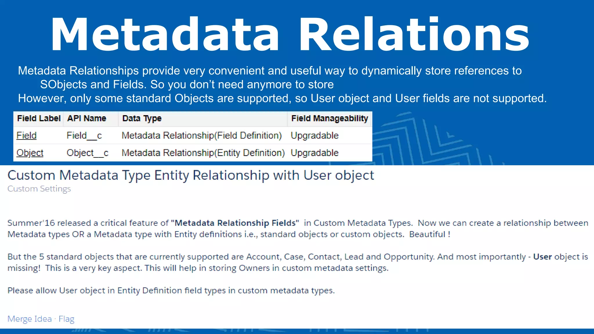 Metadata Relations
Metadata Relationships provide very convenient and useful way to dynamically store references to
SObjects and Fields. So you don’t need anymore to store
However, only some standard Objects are supported, so User object and User fields are not supported.
 