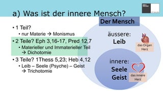 äussere:
Leib
a) Was ist der innere Mensch?
innere:
Seele
Geist
Der Mensch
das Organ
Herz
das innere
Herz
• 1 Teil?
• nur Materie  Monismus
• 2 Teile? Eph 3,16-17, Pred 12,7
• Materieller und Immaterieller Teil
 Dichotomie
• 3 Teile? 1Thess 5,23; Heb 4,12
• Leib – Seele (Psyche) – Geist
 Trichotomie
 