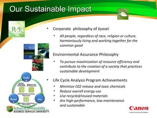 Our Sustainable ImpactOur Sustainable Impact
• Corporate philosophy of kyosei
• All people, regardless of race, religion or culture,
harmoniously living and working together for the
common good
• Environmental Assurance Philosophy
• To pursue maximization of resource efficiency and
contribute to the creation of a society that practices
sustainable development
• Life Cycle Analysis Program Achievements
• Minimize C02 release and toxic chemicals
• Reduce overall energy use
• Use recycled/reused materials
• Are high-performance, low-maintenance
and sustainable
Produ
ce
UseRecycl
e
ENVIRONMENTAL BURDEN
REDUCTION
Global
Warming
Prevention
Efficient Use
Of Resources
Hazardous Substances
Elimination
 