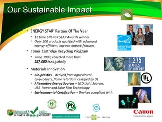 Our Sustainable ImpactOur Sustainable Impact
• ENERGY STAR®
Partner Of The Year
• 12 time ENERGY STAR Awards winner
• Over 200 products qualified with advanced
energy-efficient, low eco-impact features
• Toner Cartridge Recycling Program
• Since 1990, collected more than
287,000 tons globally
• Materials Innovation
• Bio-plastics – derived from agricultural
by-products, flame retardant certified by UL
• Alternative Energy Sources – LED Light Sources,
USB Power and Solar Film Technology
• Environmental Certification – Devices compliant with:
 