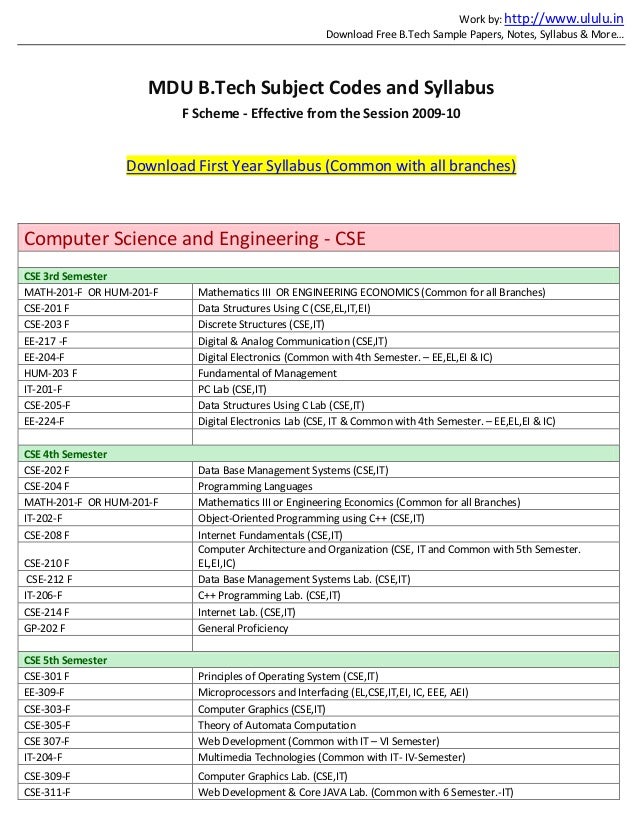 MDU B.Tech Subject Codes and Syllabus F Scheme