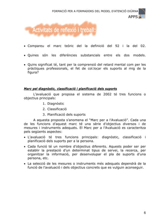FORMACIÓ PER A FORMADORS DEL MODEL D’ATENCIÓ DIÜRNA

                                                                               APPS




• Compareu     el    marc    teòric   del   la   definició   del   92    i    la   del   02.

• Quines    són     les   diferències   substancials     entre     els       dos   models.

• Quins significat té, tant per la comprensió del retard mental com per les
  pràctiques professionals, el fet de col.locar els suports al mig de la
  figura?




Marc pel diagnòstic, classificació i planificació dels suports
      L’avaluació que proposa el sistema de 2002 té tres funcions o
objectius principals:
            1. Diagnòstic
            2. Classificació
            3. Planificació dels suports
      A aquesta proposta s’anomena el “Marc per a l’Avaluació”. Cada una
de les funcions d’aquest marc té una sèrie d’objectius diversos i de
mesures i instruments adequats. El Marc per a l’Avaluació es caracteritza
pels següents aspectes:
• L’avaluació té tres funcions principals:              diagnòstic,      classificació     i
  planificació dels suports per a la persona.
• Cada funció té un nombre d’objectius diferents. Aquests poder ser per
  establir la prestació d’un determinat tipus de servei, la recerca, per
  organitzar la informació, per desenvolupar el pla de suports d’una
  persona, etc.
• La selecció de les mesures o instruments més adequats dependrà de la
  funció de l’avaluació i dels objectius concrets que es vulguin aconseguir.




                                                                                          6
 