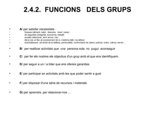 2.4.2. FUNCIONS DELS GRUPS

•   A/ per satisfer necessitats ·
•      físiques (aliment, salut, descans, recer i sexe)
•      de seguretat (integritat, economia, treball)
•      socials (relacionar, tenir amics / es)
•      del jo (se un lloc al coneixement de sí, s'estima dels / es altres)
•      autorealització (al àmbit de la bellesa, personalitat, confrontació de valors, justícia, ordre, cultura, servei ...

•   B/ per realitzar activitats que una persona sola no pugui aconseguir

•   C/ per fer els nostres els objectius d'un grup amb el que ens identifiquem.

•   D/ per seguir a un / a líder que ens ofereix garanties


•   E/ per participar en activitats amb les que poder sentir a gust


•   F) per disposar d'una sèrie de recursos i materials


•   G) per aprendre, per relacionar-nos ...
 