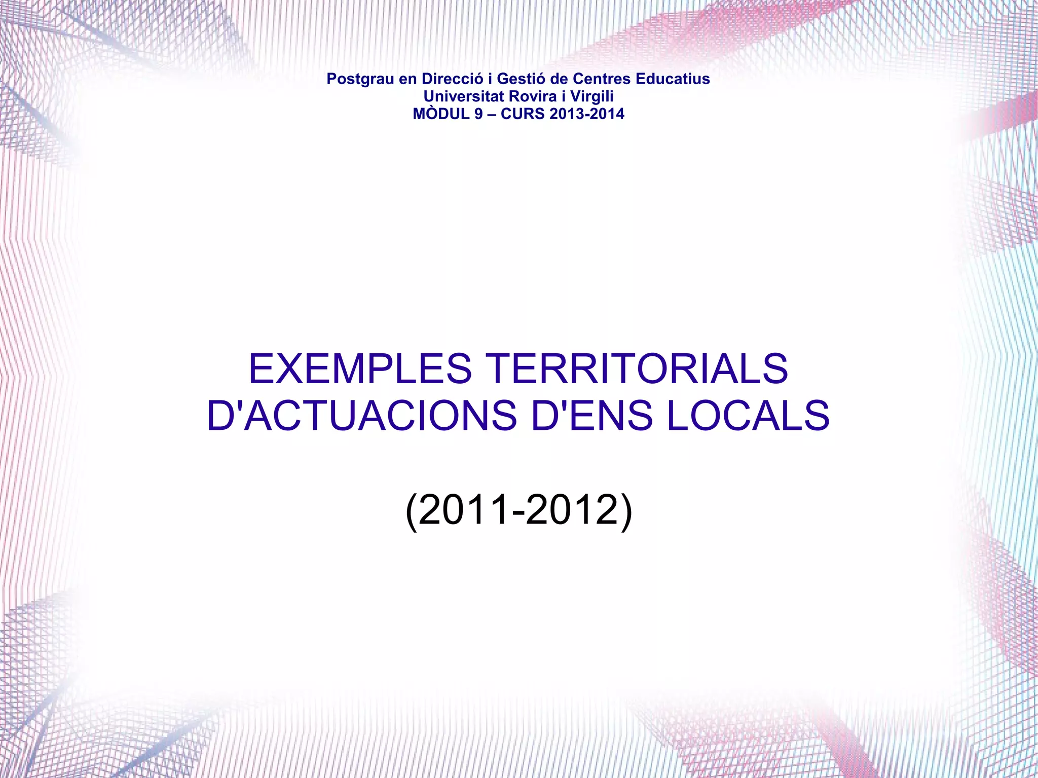 mòdul 9 – curs 2016-2017
Article 200. Finançament de l'escolarització obligatòria i d'ensenyaments de
règim especial
“2. El Departament, d'acord amb l'article 42, i en els termes que determini la
programació específica, pot subvencionar ensenyaments de règim especial.”
Capítol III. Finançament dels centres
Article 204. Finançament del sosteniment dels centres públics
“2.Els convenis entre el Departament i els ens locals que estableixen
finançament del funcionament de centres de titularitat municipal des dels
pressupostos de la Generalitat han de prendre com a referent els criteris
aplicats als centres anàlegs de titularitat de la Generalitat.”
 