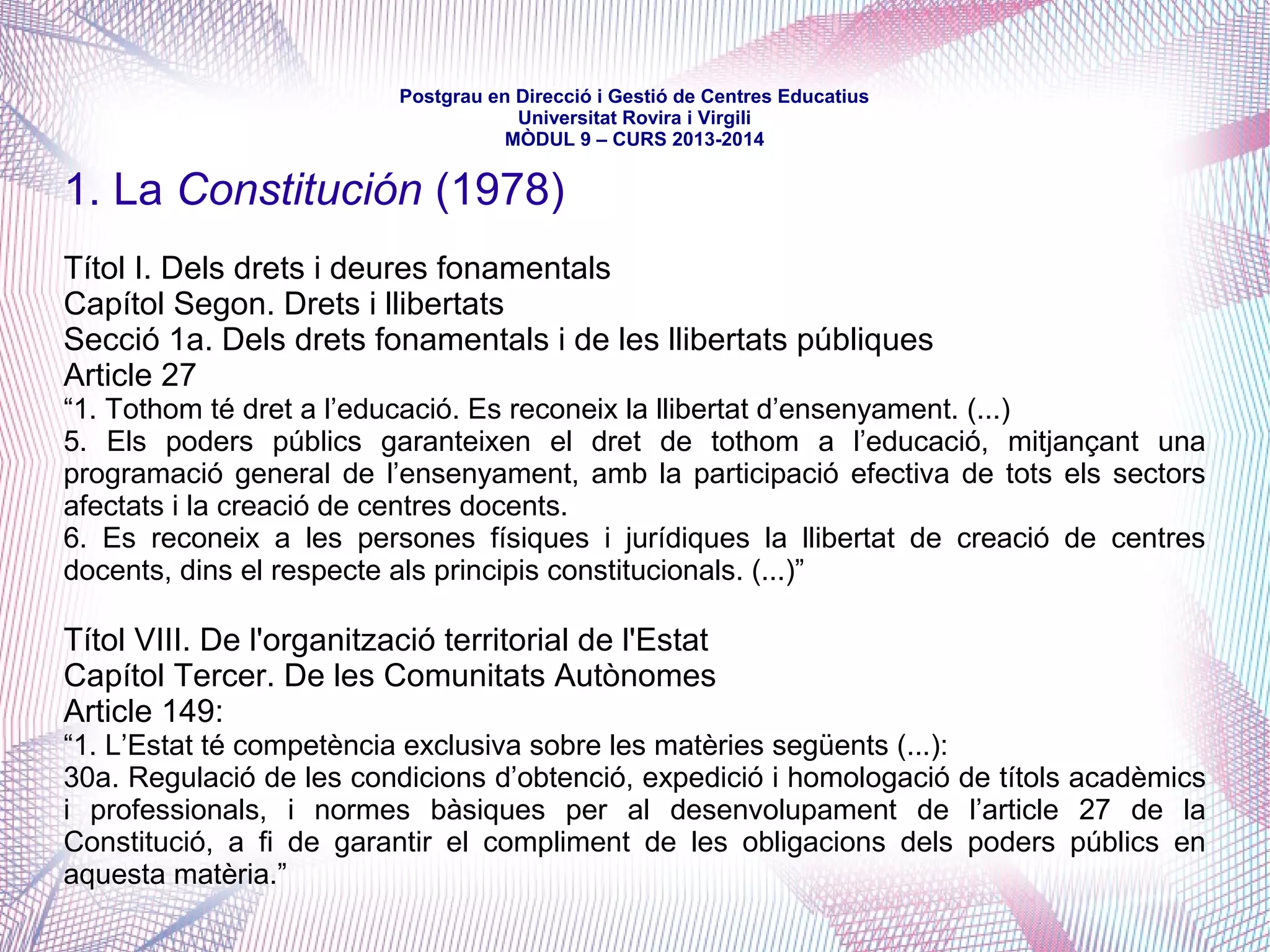 mòdul 9 – curs 2015-2016
Les polítiques pressupostàries, les dificultats financeres de la Generalitat i de
força ajuntaments i les seves prioritats en matèria de política social i educativa han
dut a una situació en la qual és més factible que es mantinguin les tensions en les
aportacions públiques als serveis educatius municipals que es comencin a
desenvolupar les línies emmarcades per la LEC. El Departament ha anunciat la
voluntat d'acabar amb el mòdul fixe i iniciar estudis per a fer-lo variable segons el
territori i l'entorn social i econòmic, amb una rebaixa de l'aportació general.
En aquest sentit, és significatiu que, arran del Debat de Política General, el
Parlament aprovés, el 29/09/2013, en la Resolució 323/X del Parlament de
Catalunya, sobre l'orientació política general del Govern, instar el Govern a:
“a) Mantenir la col·laboració en el sosteniment de les places públiques de les llars
d’infants municipals per mitjà dels pagaments per a la creació i la consolidació de
places, promoure acords financers entre administracions per a contribuir al
funcionament i la sostenibilitat i agilitar els pagaments pendents.
b) Estudiar en el marc de la Comissió Mixta la situació i el sosteniment de les
escoles de música.”
 