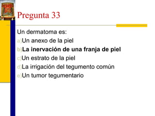 Pregunta 33
Un dermatoma es:
a)Un anexo de la piel
b)La inervación de una franja de piel
c)Un estrato de la piel
d)La irrigación del tegumento común
e)Un tumor tegumentario

 