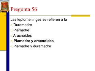Pregunta 56
Las leptomeninges se refieren a la
a)Duramadre
b)Piamadre
c)Aracnoides
d)Piamadre y aracnoides
e)Piamadre y duramadre

 