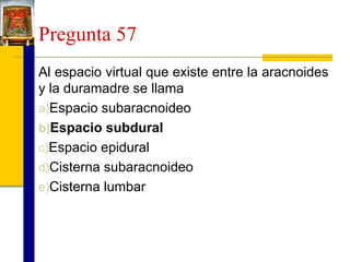Pregunta 57
Al espacio virtual que existe entre la aracnoides
y la duramadre se llama
a)Espacio subaracnoideo
b)Espacio subdural
c)Espacio epidural
d)Cisterna subaracnoideo
e)Cisterna lumbar

 