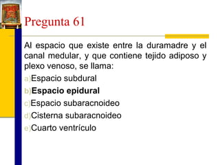 Pregunta 61
Al espacio que existe entre la duramadre y el
canal medular, y que contiene tejido adiposo y
plexo venoso, se llama:
a)Espacio subdural
b)Espacio epidural
c)Espacio subaracnoideo
d)Cisterna subaracnoideo
e)Cuarto ventrículo

 