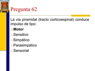 Pregunta 62
La vía piramidal (tracto corticoespinal) conduce
impulso de tipo:
a)Motor
b)Sensitivo
c)Simpático
d)Parasimpático
e)Sensorial

 