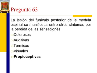 Pregunta 63
La lesión del funículo posterior de la médula
espinal se manifiesta, entre otros síntomas por
la pérdida de las sensaciones
a)Dolorosos
b)Auditivas
c)Térmicas
d)Visuales
e)Propioceptivas

 